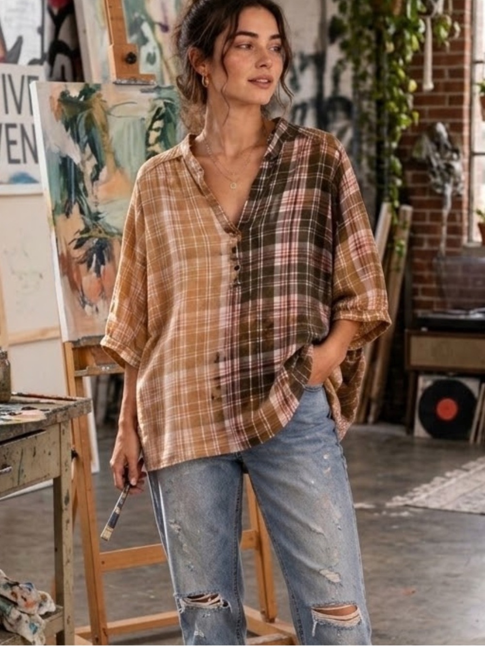Bleach dipped  plaid top with tie up 3/4 length sleeves.
